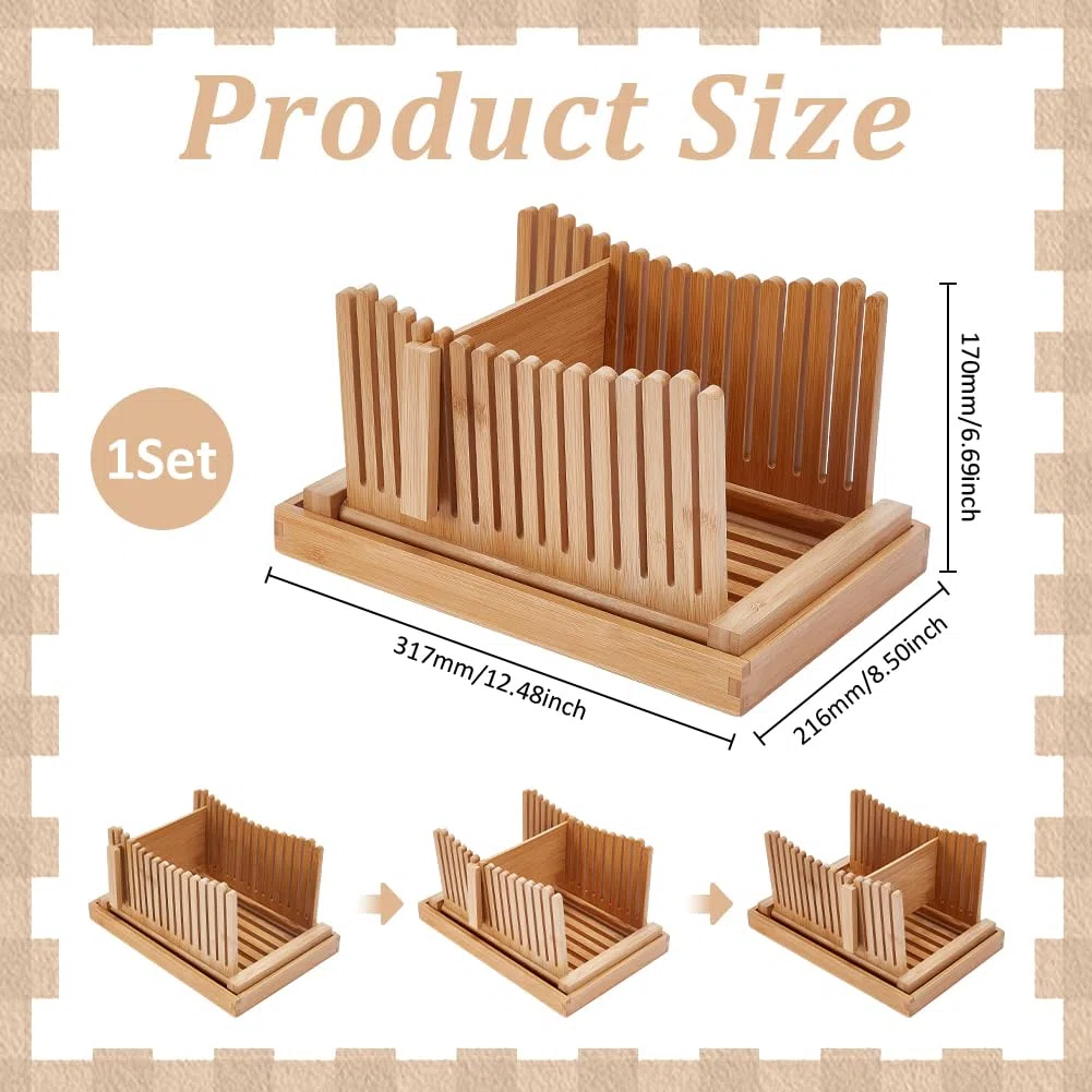 UNICRAFTALE Cortador de pan de bambú ajustable con bandeja para migas, cortador de pan de 31,7 x 21,6 x 17 cm para guía de cortador casero para masa madre, bagels, pasteles, panes, utensilios de