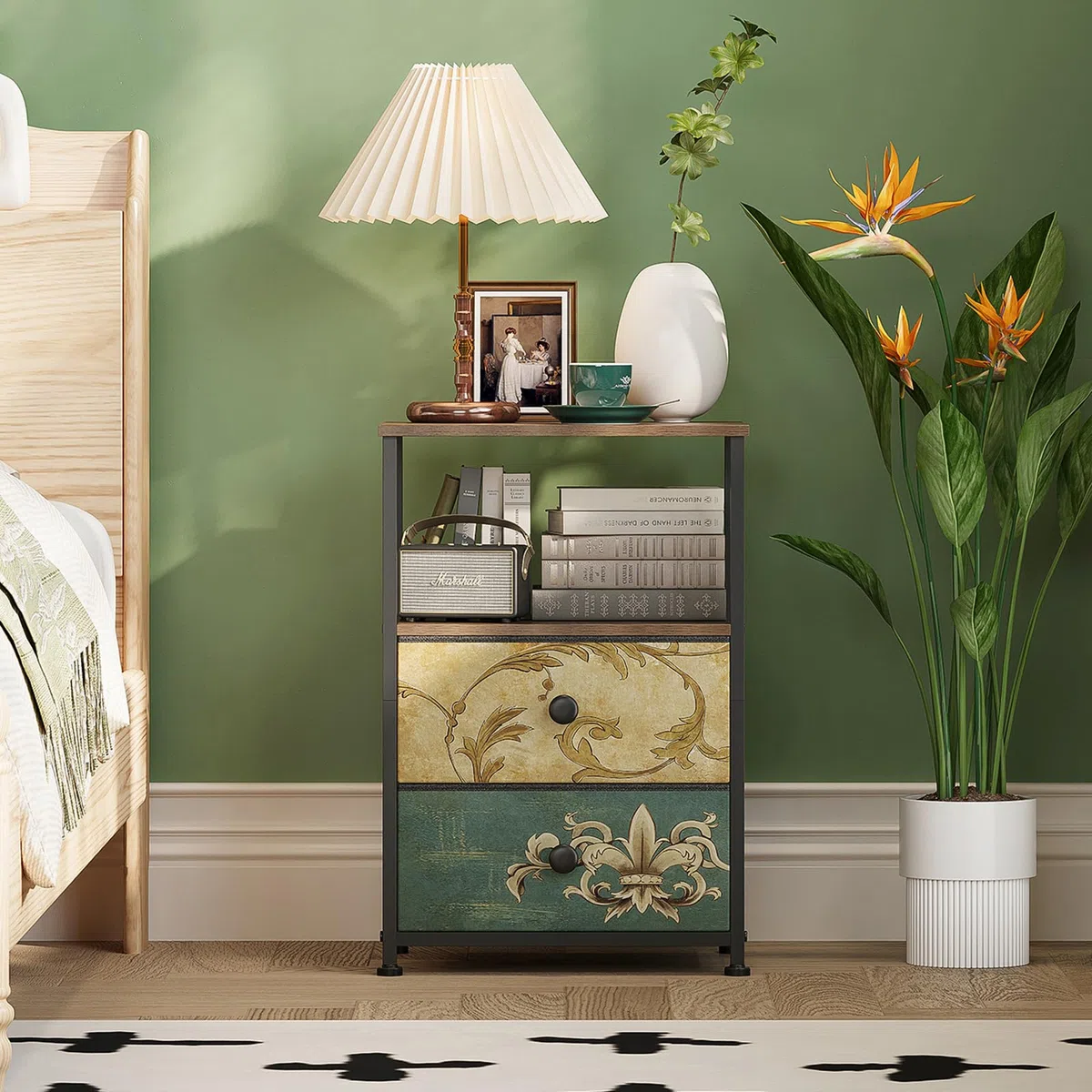 VEDECASA Cómoda con 2 cajones y estante abierto Armario de cómoda Mesa de maquillaje estilo bohemio Armario de almacenamiento Mesita de noche Mesa auxiliar para sala de estar Dormitorio Estructura de
