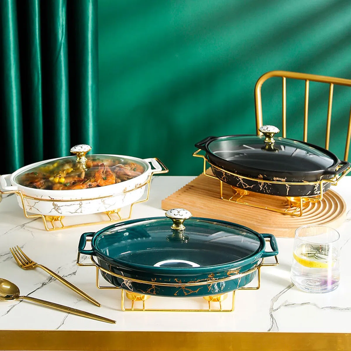 Chafing Dish Buffet Set, Chafer de cerámica con acabado de mármol de imitación, Chafer y Buffet Warmer Set para bodas buffet, fiestas, banquetes, eventos de catering (white,M)