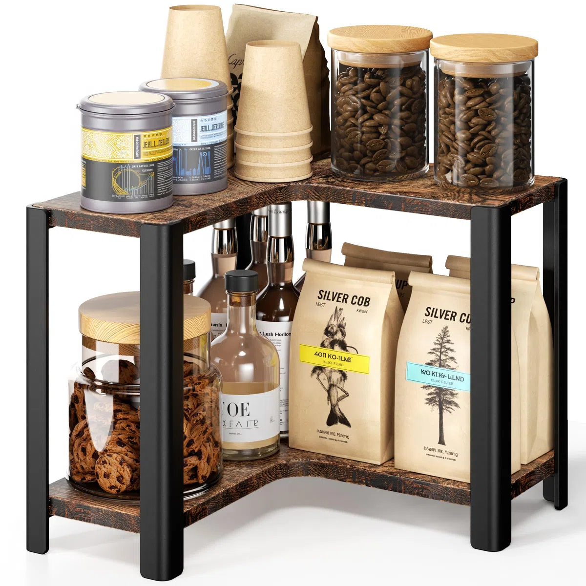 niffgaff Estantería esquinera de 2 niveles para especias – Organizador de encimera en madera y metal, pequeño estante para cocina y rincón de café, acabado marrón vintage