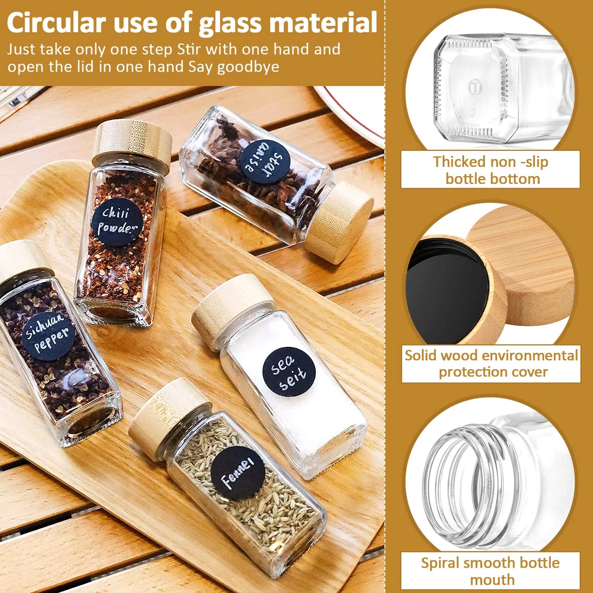 FAMKEEP 24pcs Botes Especias Cristal,Cuadrado Spice Jars con Tapa de Madera, Tarros Especias incluir Embudo,Tamiz,Etiqueta para Especias y Bolígrafo
