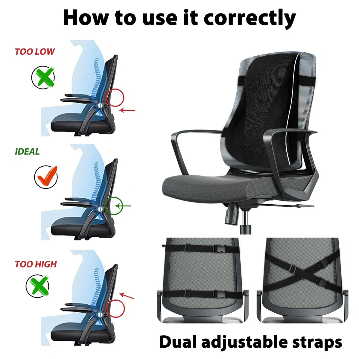 USHOP Cojín Lumbar,cojin Lumbar Silla Oficina Ergonómico de Doble Cara Termorregulada,cojin Lumbar Coche en Espuma Viscoelástica de Alta Densidad,con Dobles Correas Ajustables y Funda Extraíble