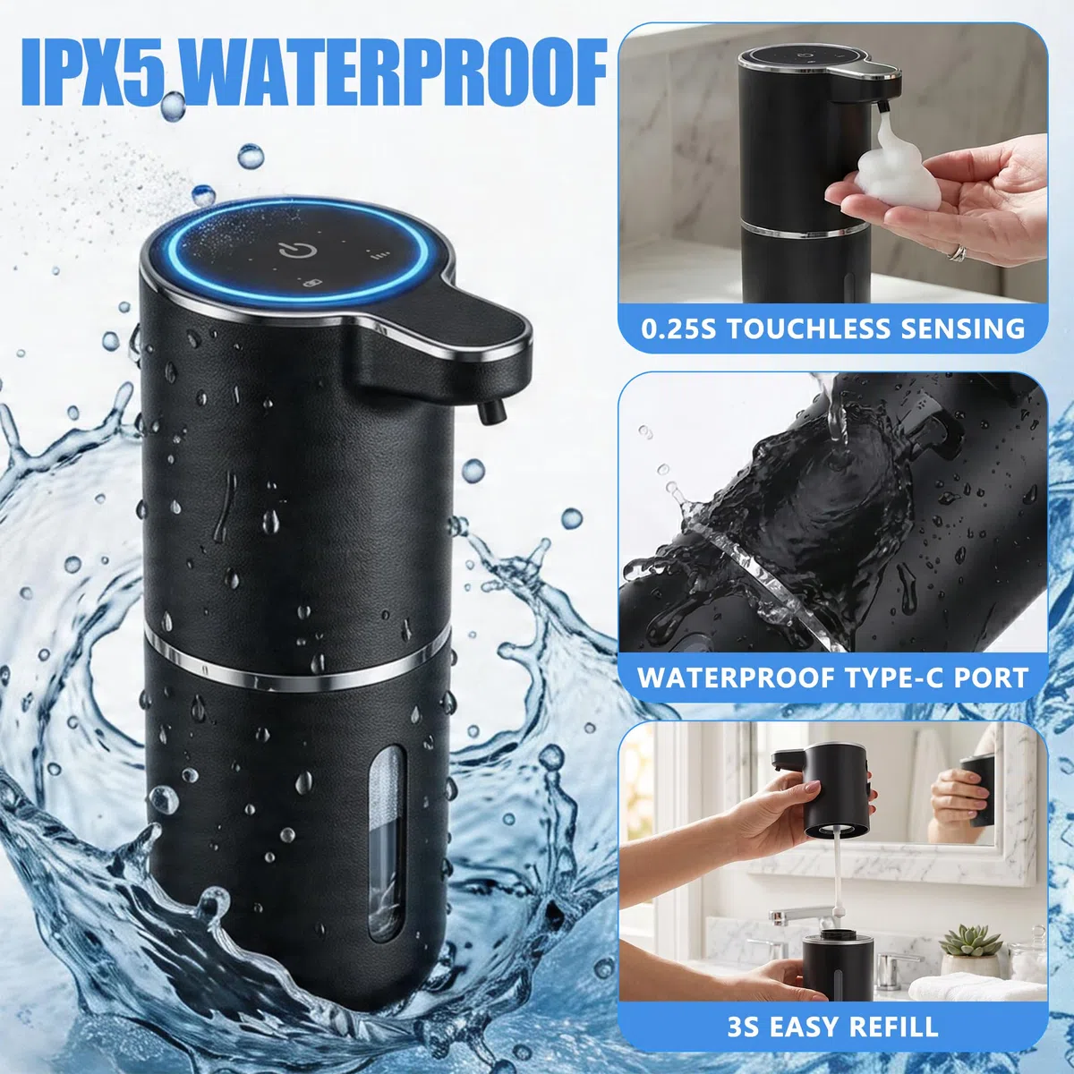 Paquete de 2 dispensadores automáticos de jabón de espuma, dispensador de jabón de manos inteligente recargable por USB con 4 niveles ajustables, 380 ml, montado en la pared o encimera, IPX5