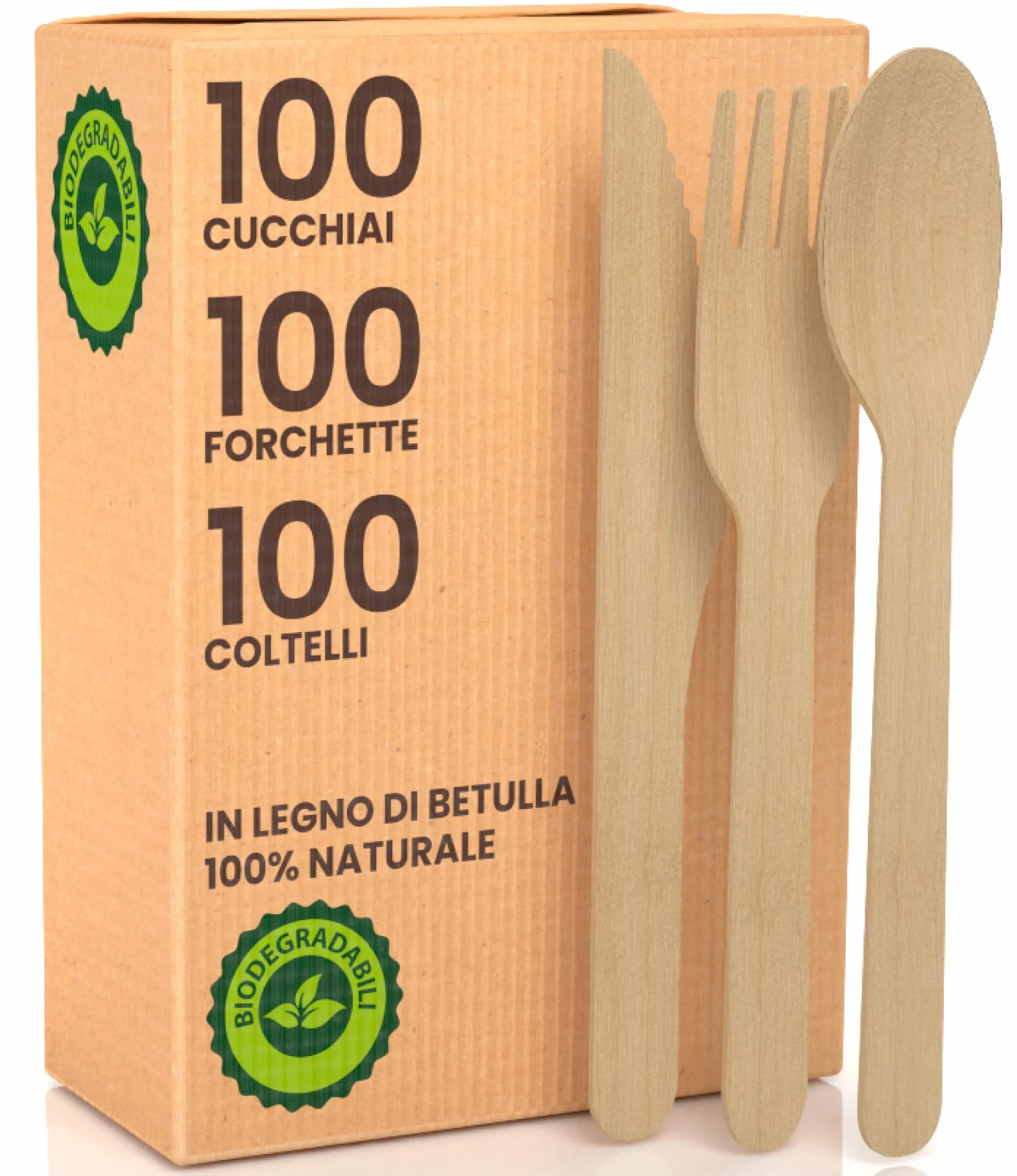 Juego de cubiertos ecológicos de madera de abedul 100 tenedores + 100 cuchillos + 100 cucharas - Pack Cubiertos Desechables 100% naturales biodegradables y compostables