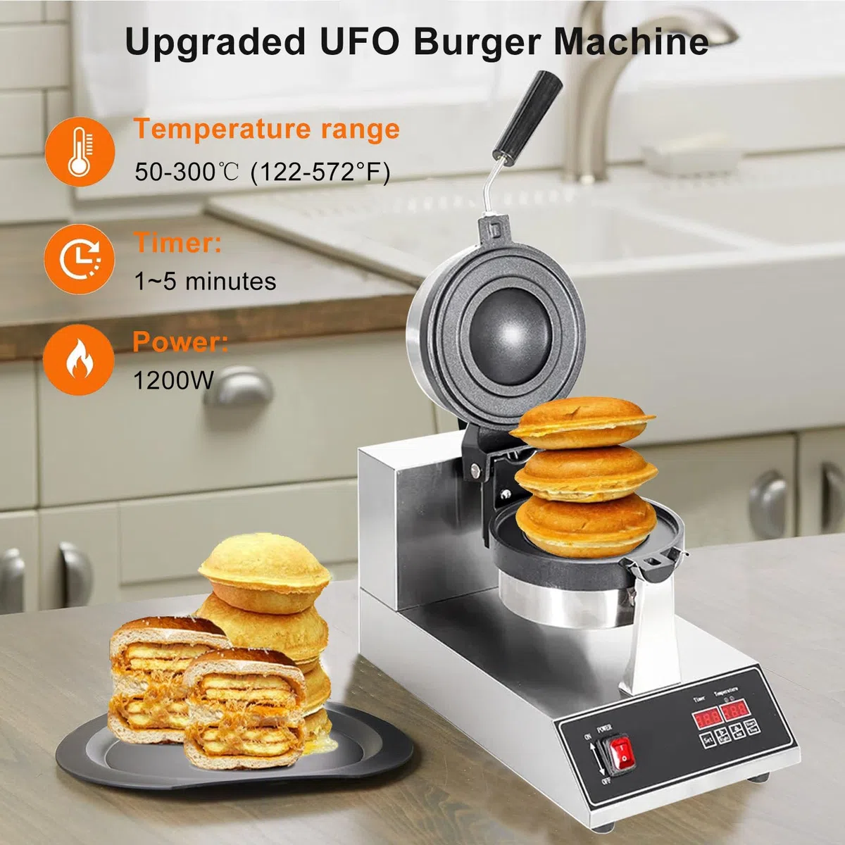 Máquina para hacer waffles comercial para hamburguesas, con pantalla digital, para hacer hamburguesas con helado, con temporizador y ajuste de temperatura, para rellenar hamburguesas, panini
