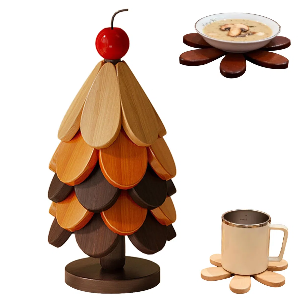 Juego De Salvamanteles Árbol De Navidad,5 Piezas Posavasos Plegables - Posavasos para Bebidas Resistentes Al Calor con Base,para s Calientes Encimera De Cocina Sartén Bol Navidad