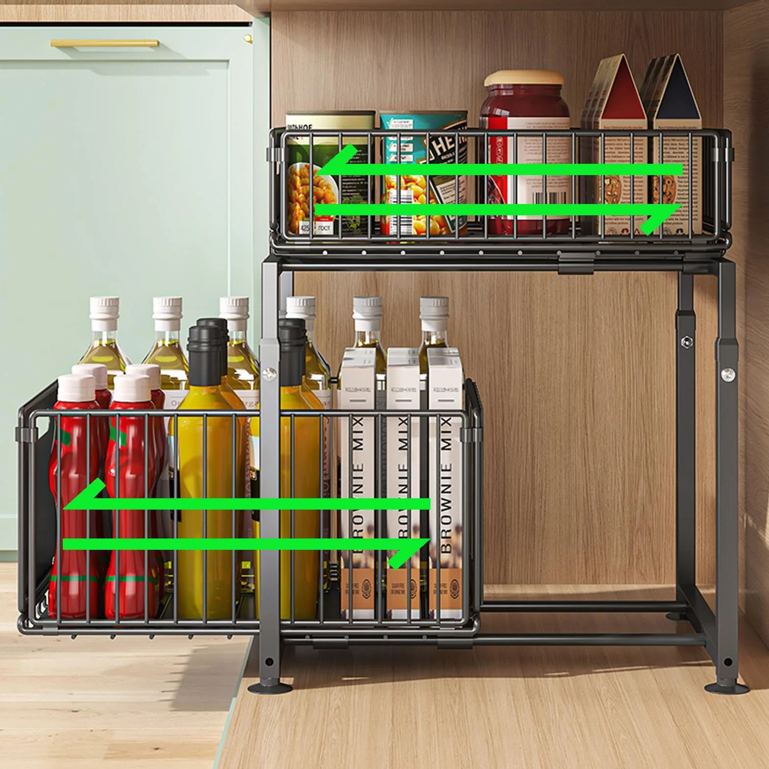 YunNasi Organizador de Cocina Almacenamiento bajo Fregadero de Metal Organizador 2 Niveles Extraíble Estante para Especias (Negro, Modelo-A)