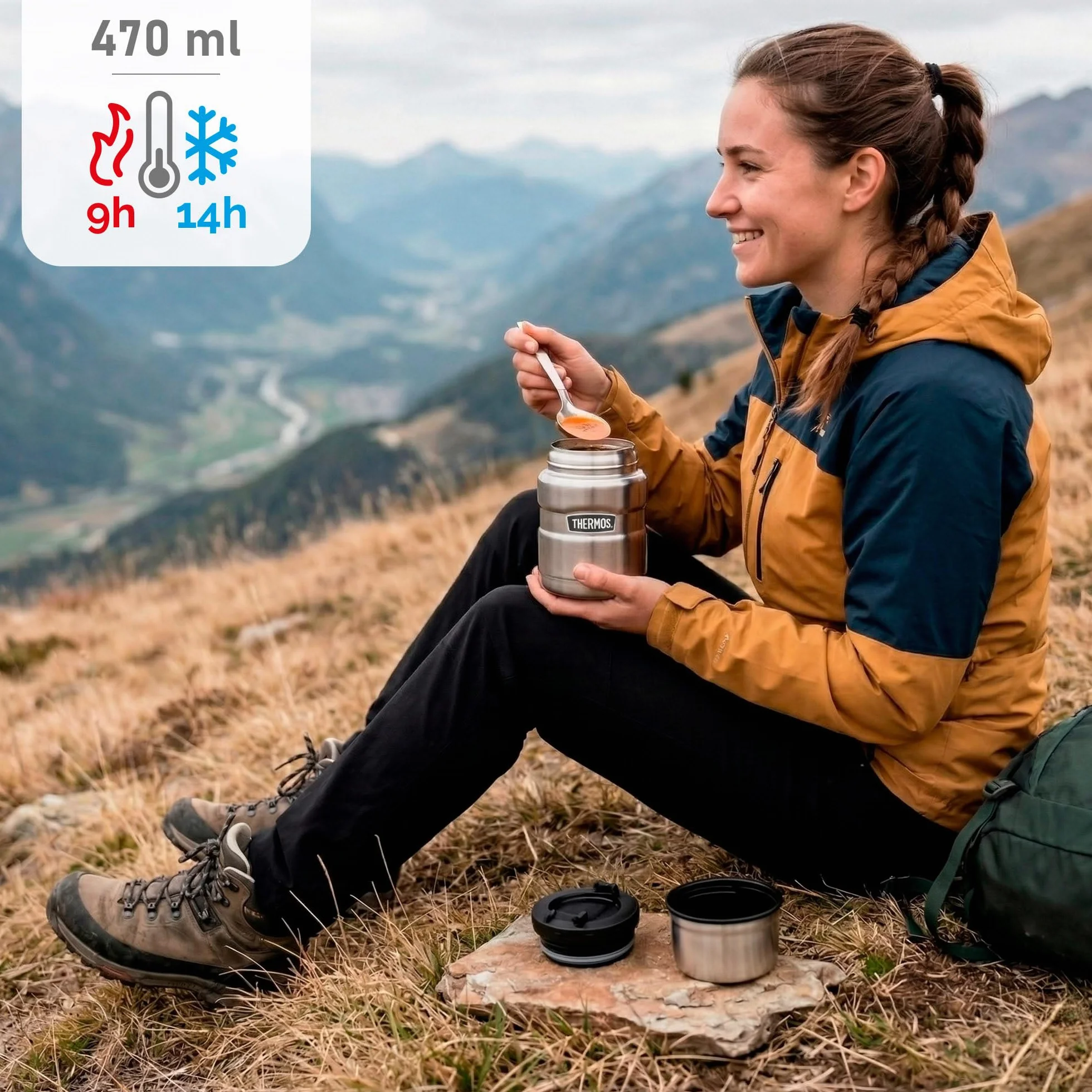 Thermos Termo Acero Inoxidable, 470 ml, 9x9x15 cm, Incluye Cuchara, Doble Aislamiento, Rendimiento térmico 9h Calor y 14h frío, Termos para Comida Caliente