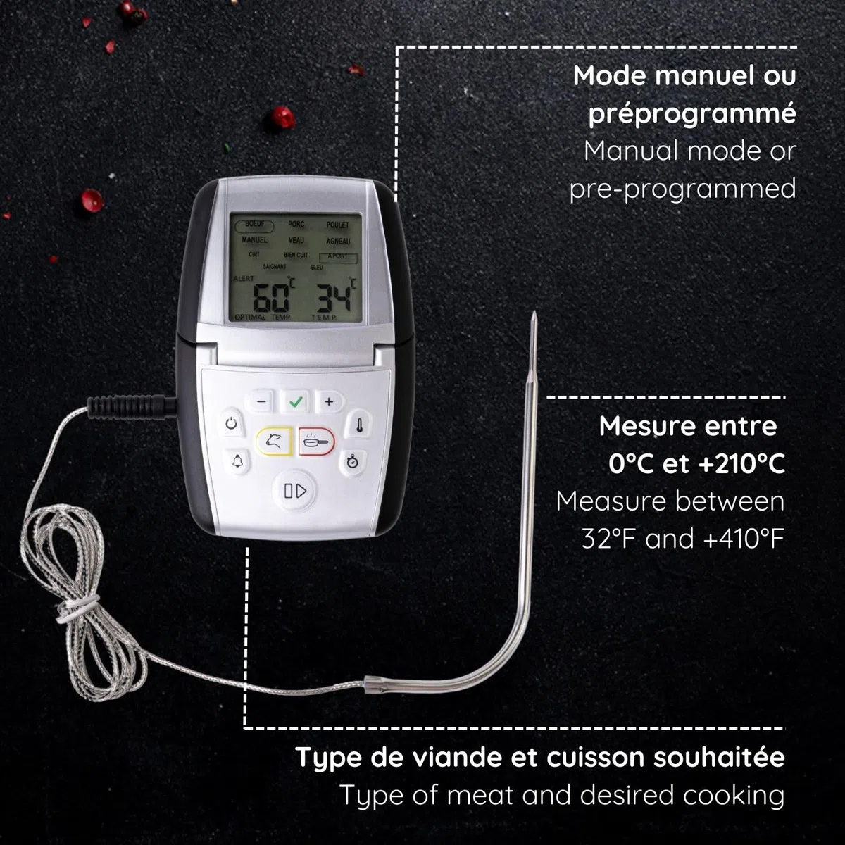 MASTRAD – Termosonda de cocción m classic + – Sus recetas cocinadas a la perfección, temporizador integrado – caja magnética – compatible con horno e inducción – asa 100% silicona – pila LR3 incluida