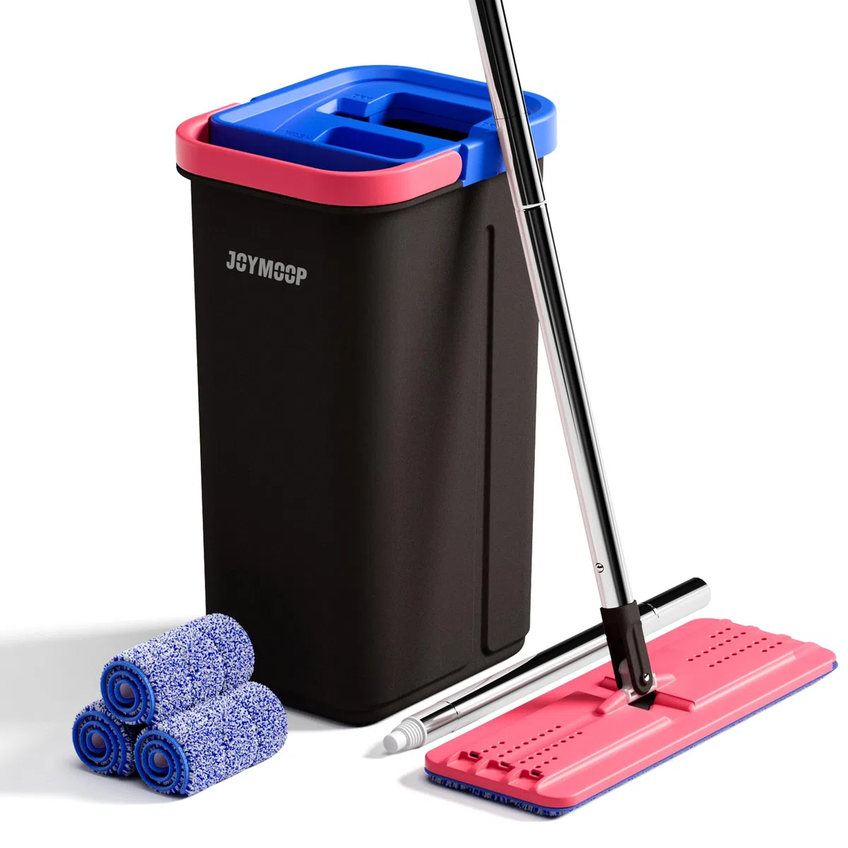 JOYMOOP Juego de mopa y Cubo para el hogar, Sistema de autolimpieza Manos Libres, 3 Almohadillas de Microfibra Reutilizables, para Pisos y Paredes - Negro + Rojo + Azul Pizarra