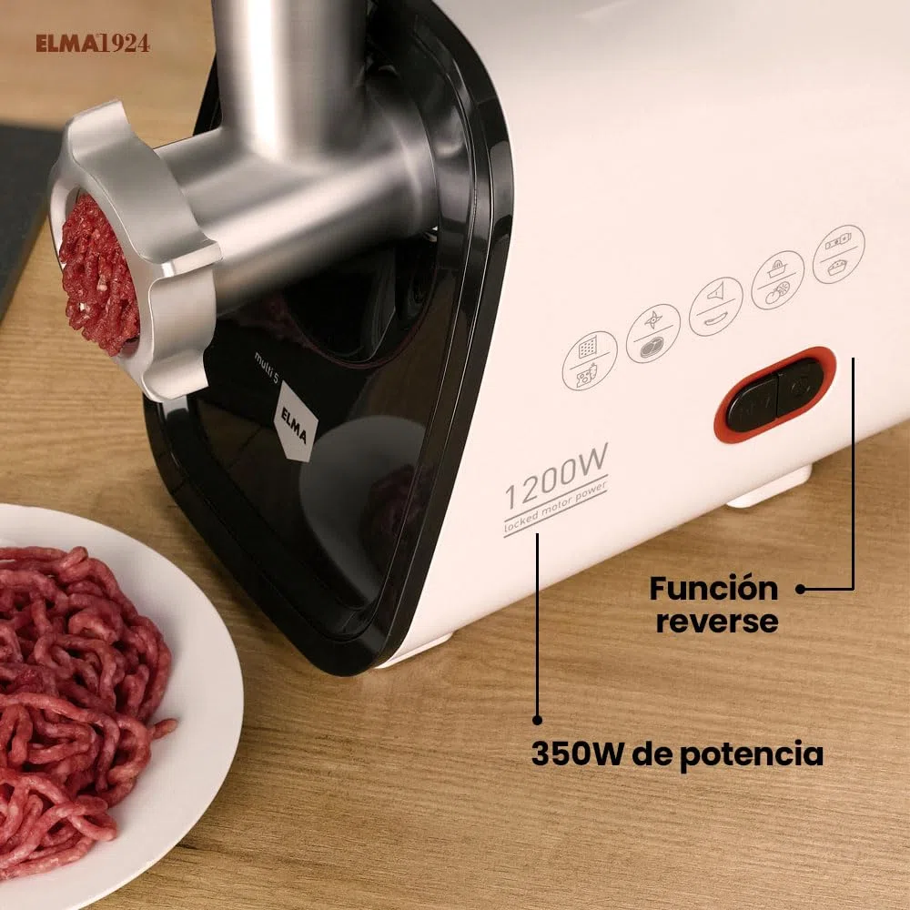 ELMA Picadora de carne eléctrica MULTI5 – Máquina Multifunción 5 en 1 | 350 W, Cabezal de Aluminio, Función Reverse, Accesorios Incluidos
