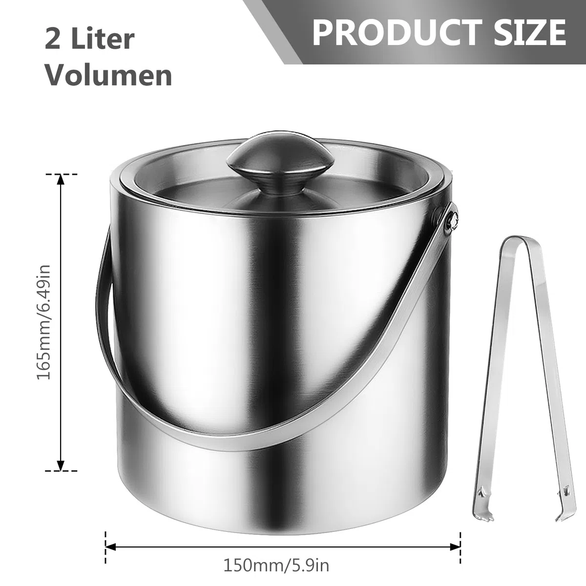 Cubitera de acero inoxidable, cubo de hielo con tapa, pinzas y asa, 2 l, doble pared, aislado para champán, ideal para enfriar cerveza, champán y vino