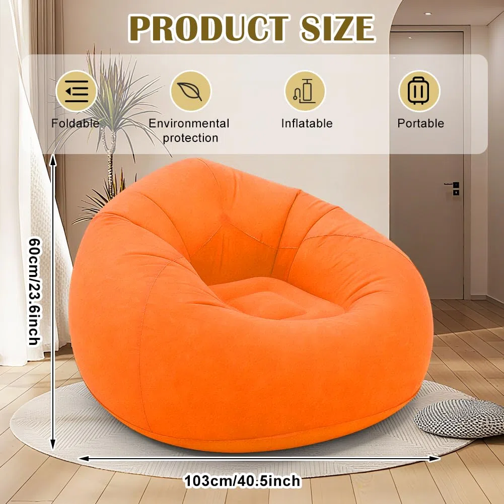Sofá hinchable y puf hinchable, cómodo sofá plegable para salón, camping y jardín, inflable rápido y lavable, sillón individual para relajación y ocio (naranja)