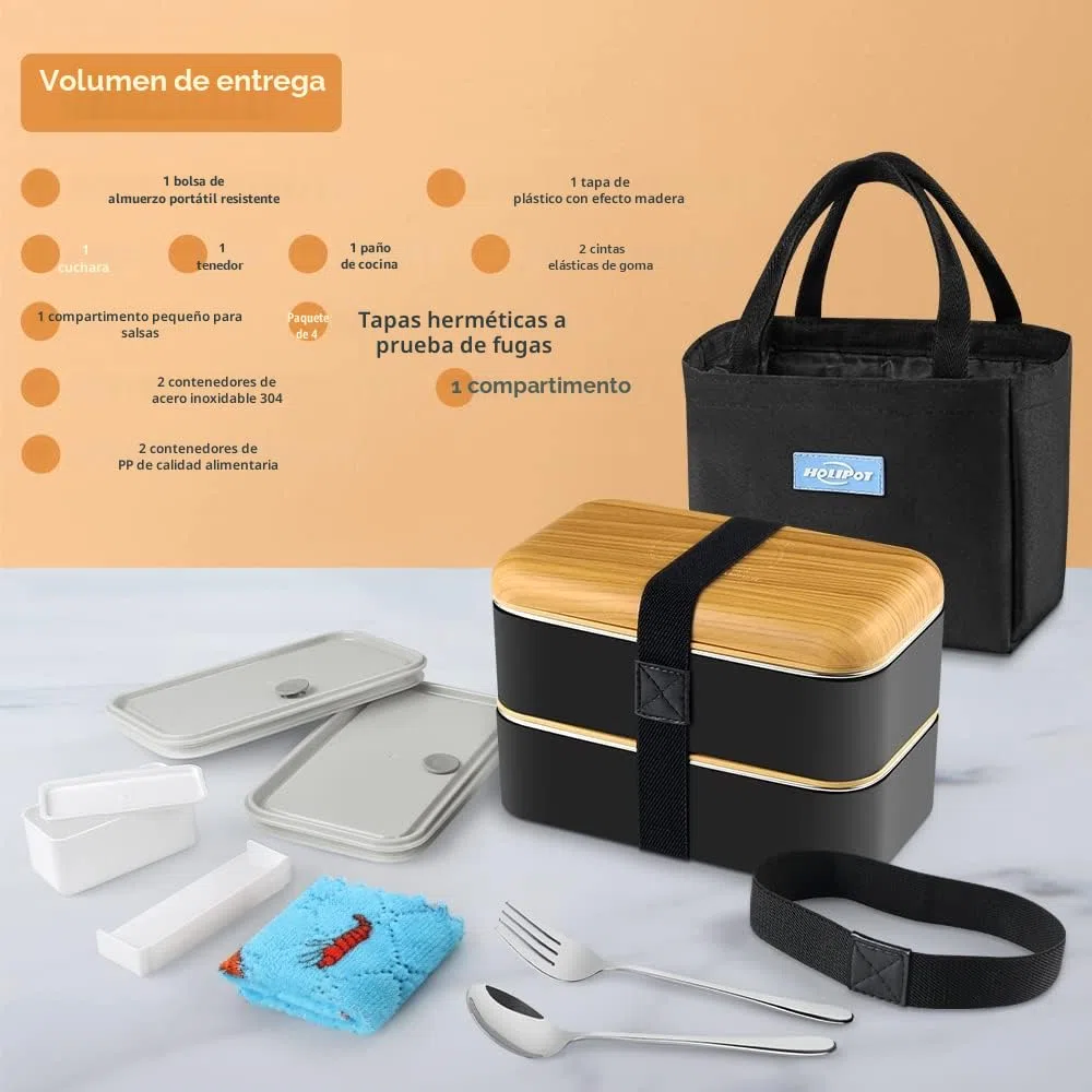 Fiambrera, Bento Lunch Box Estilo Japonés con Bolsa Termica Porta Alimentos, Cuchara y Tenedor Para Adultos Niños