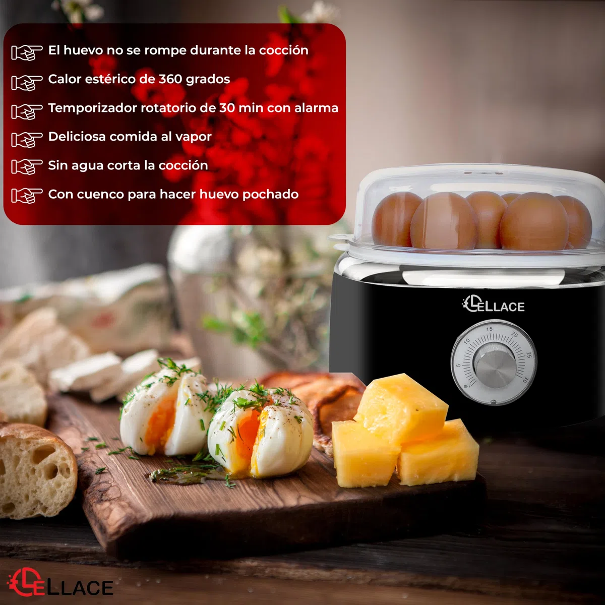Cuece Huevos Eléctrico con Temporizador Manual y Alarma. Cocedor de 1 hasta 7 huevos para hacer Huevo Duro, Mollet o Pasados por Agua. Egg Boiler de 400W con Cuenco para huevo Poché. (NEGRO)