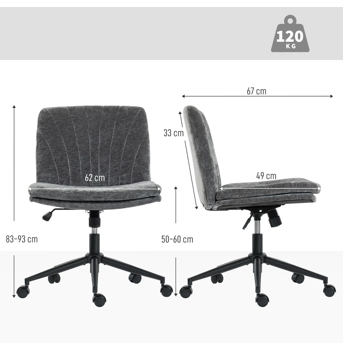 HOMCOM Silla de Oficina Piernas Cruzadas, Ruedas, 62x67x83-93 cm, Gris | Silla de Escritorio, Asiento Ancho, sin Reposabrazos, Altura Ajustable, Giratoria, Función Basculante, Tapizada en Chenilla