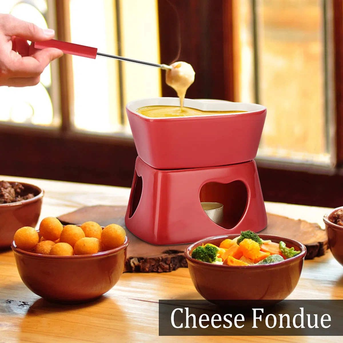 Juego de fondue de cerámica para chocolate con forma de corazón, olla para fondue de queso de porcelana con 4 tenedores, 320 ml, mini quemador resistente al calor, fondue para dulces
