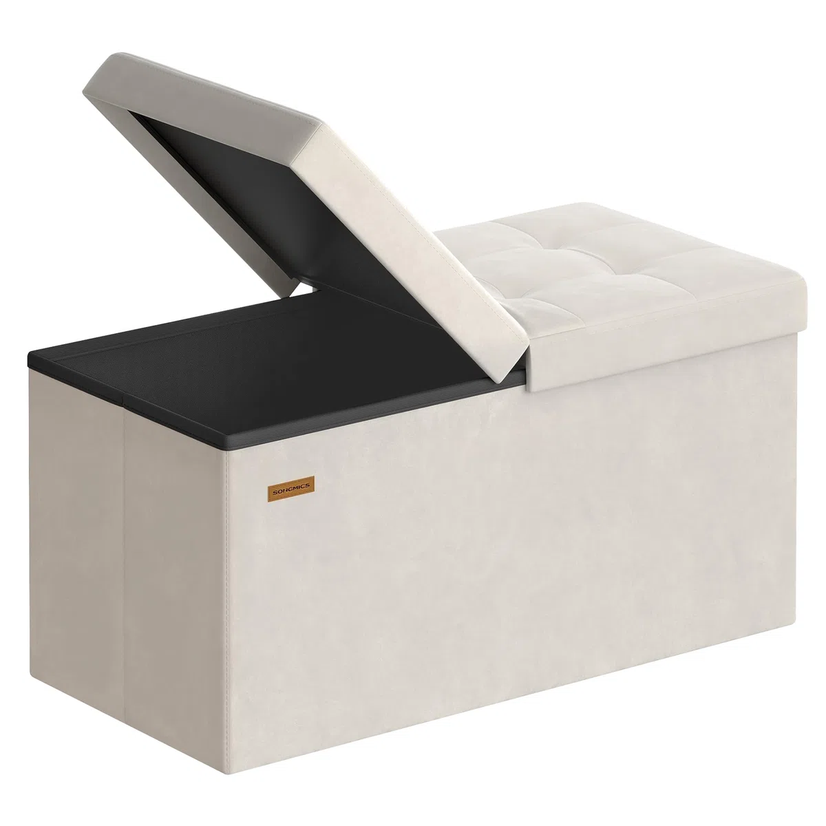 SONGMICS Puff Almancenaje, Banco Almacenaje Plegble, 38 x 76 x 38, Tapa Abatible, Taburete con Reposapiés, Carga 300 kg, Entrada, Salón, Dormitorio, Tela de Terciopelo, Beige Capuchino LSF048LH01