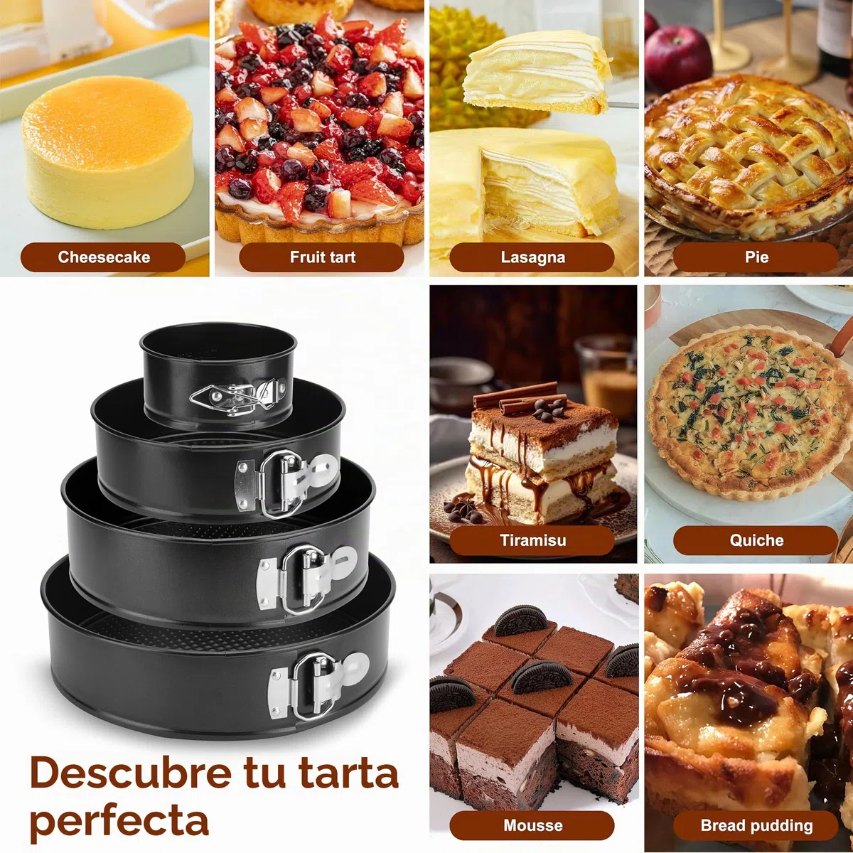 Juego de 4 moldes para tartas de 11/18/23/26 cm, redondos moldes rectangulares, de acero al carbono, antiadherente, redondo, rectangular, con base extraíble, color negro