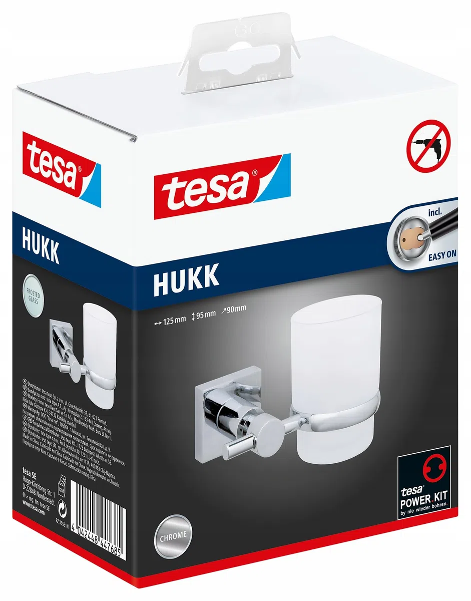 tesa HUKK Vaso para cepillos de dientes con soporte, vaso de cristal satinado, soporte de pared cromado, para montaje en pared sin taladrar, incluye solución adhesiva, 125 mm x 95 mm x 90 mm