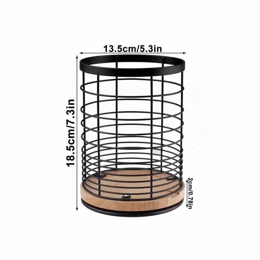 Giratorio Soporte para Utensilios de Cocina Redondo Organizador de Utensilios de Acero Inoxidable con Base de Madera Grande Escurre Cubiertos de Cocina, 13.5 x 13.5 x 18.5 cm (Negro)
