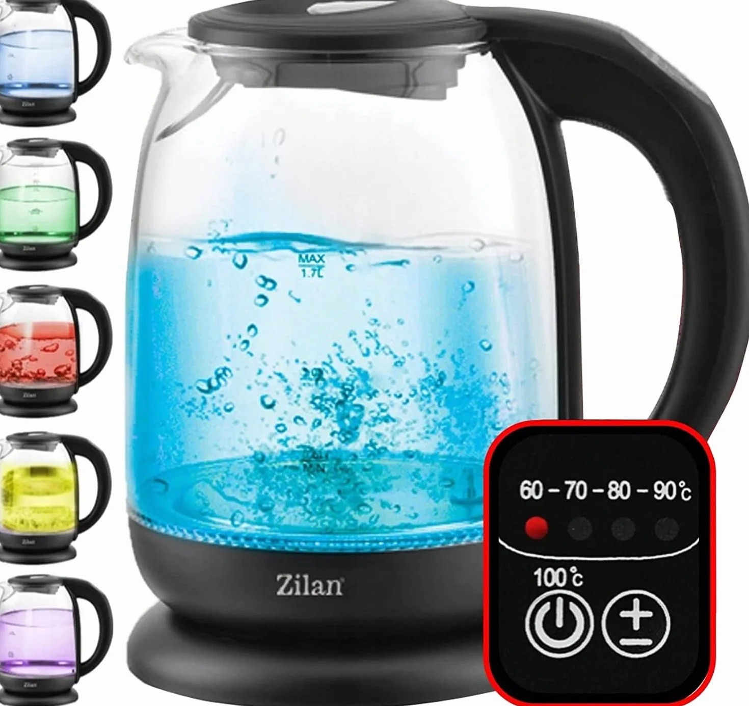 Zilan - Hervidor de agua con pantalla digital y LED, 1,7 l, 5 ajustes diferentes de temperatura, hervidor inalámbrico con cuerpo de vidrio de borosilicato de 360 grados, 2200 W