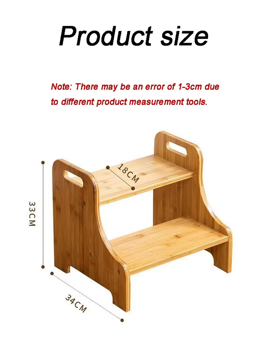 Taburete de madera con dos escalones, almohadillas antideslizantes y asas, doble altura para uso en baño y cocina