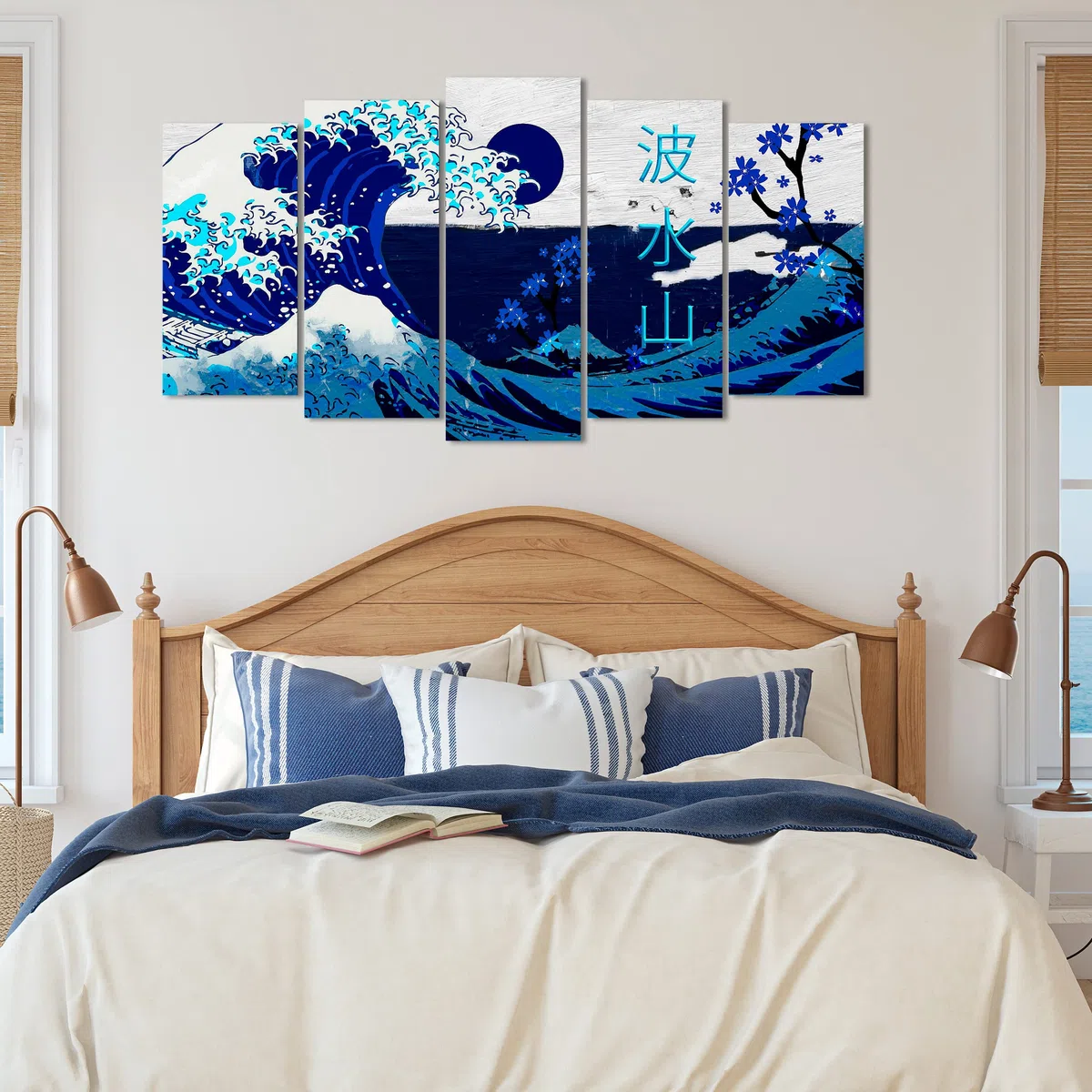 DekoArte - Cuadros Modernos Impresión Imagen Artística | 5 Piezas 150x80cm | Lienzo Decorativo Para Tu Salón o Dormitorio | Estilo Abstractos Arte La Gran Ola De Kanagawa azul