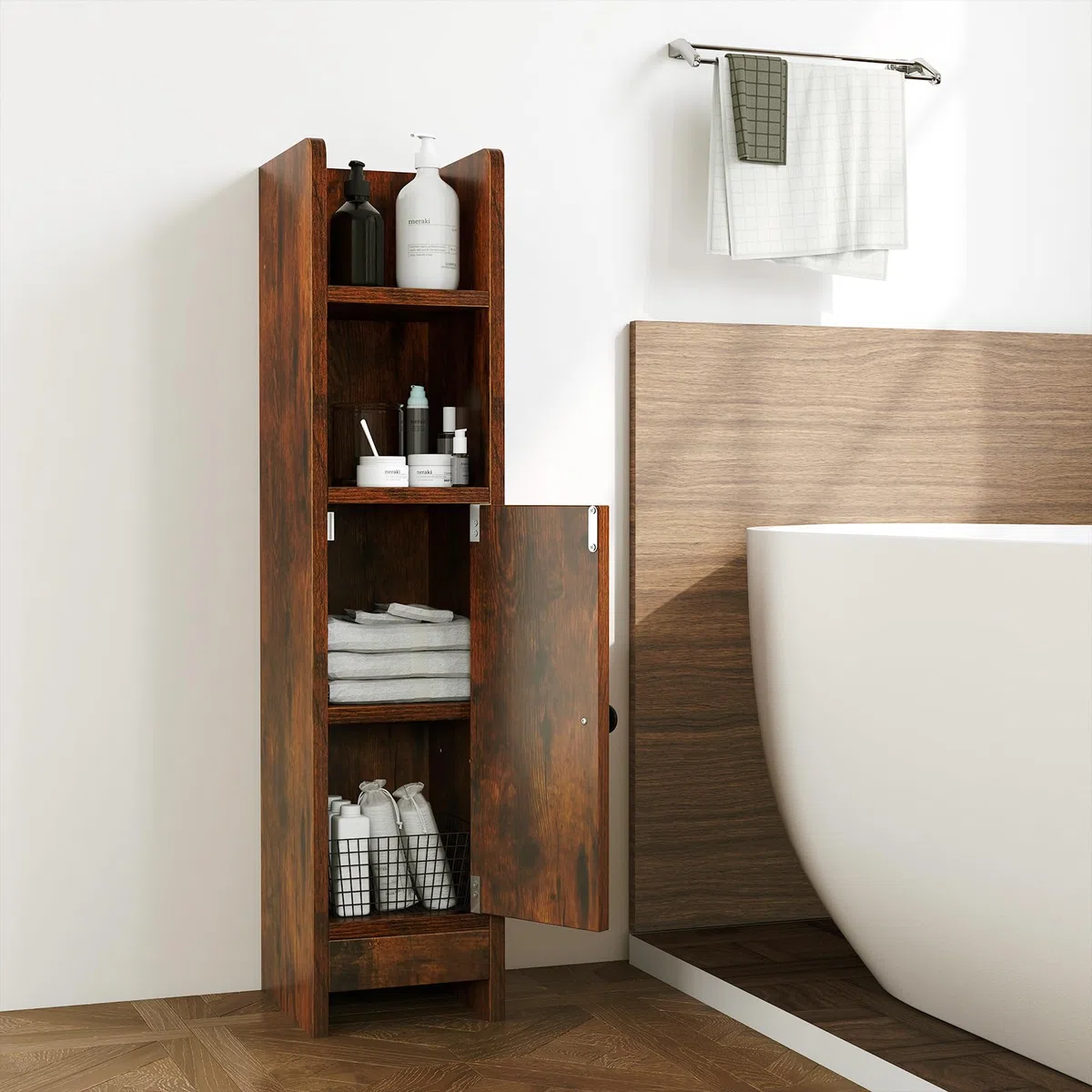 GIANTEX Armario Estrecho de Baño con Puerta, 4 Estantes de Almacenamiento, Estante Interior Ajustable, 18 x 20 x 80 cm, Mueble de Suelo para Baño, Salón, Dormitorio (Marrón)
