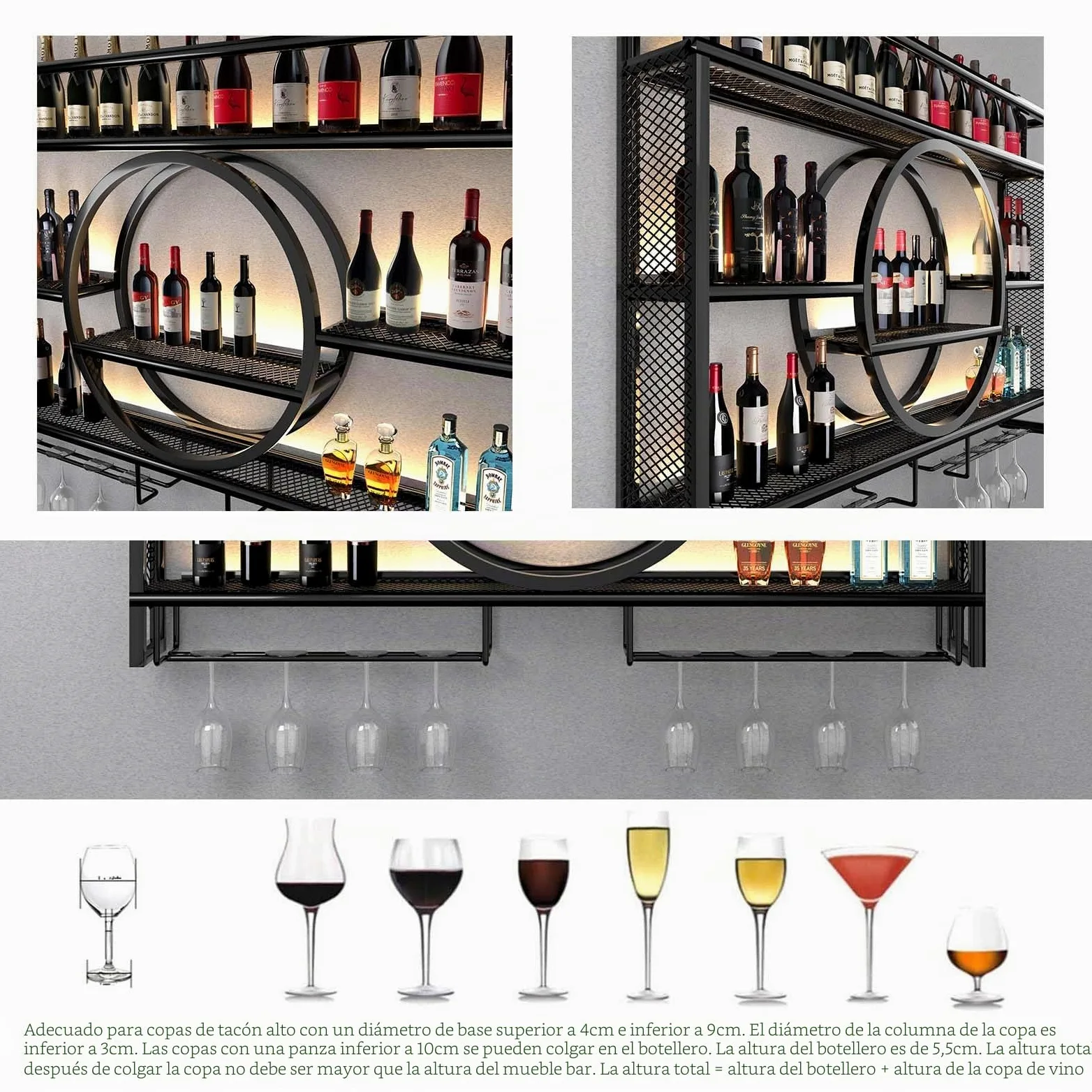 Estantería industrial para vino montada en la pared, soporte flotante para exhibición de vino con LED y rayas de sombreado, estantería multifuncional para el hogar, restaurante, bares (Black, 120CM)