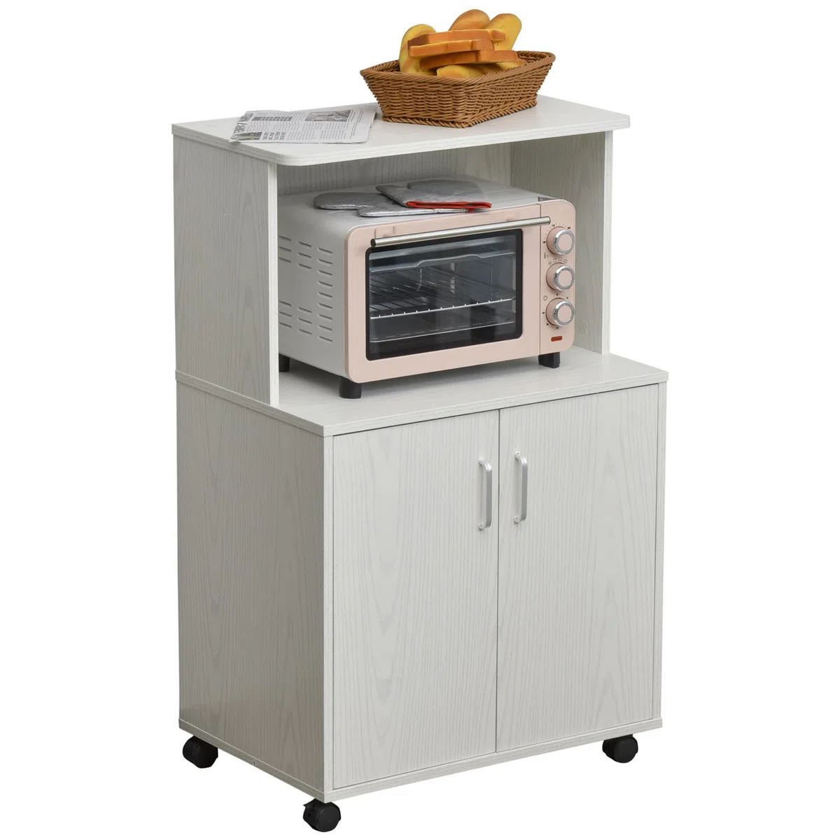 HOMCOM Aparador Auxiliar para Microondas con Ruedas 60,4x40,3x97 cm Blanco | Armario Bajo de Cocina, Armario de 2 Puertas, Estante Ajustable, Carga 70 kg