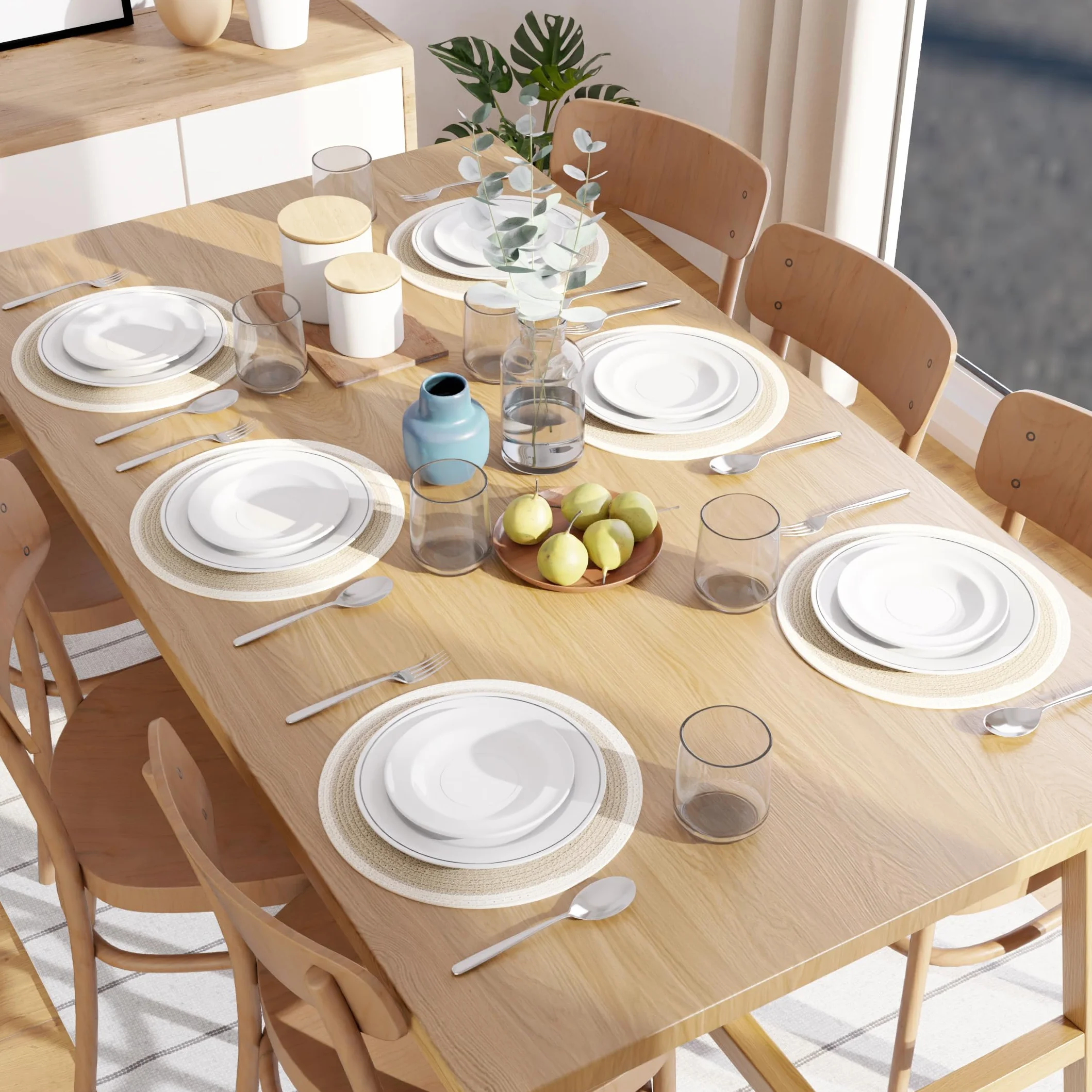Encasa XO Manteles Individuales Juego de 6 | Manteles Redondos de Algodón - Diámetro de 33 cm | Beige y Blanco Roto | Estilo Acanalado Hecho a Mano