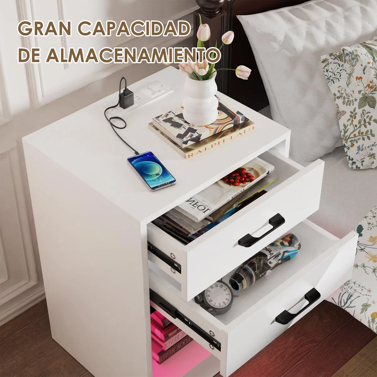 Mesitas de Noche Blancas, Mesita de Noche Led, Mesa de Noche con estación de Carga, 2 cajones, Armario de Cama, Estilo Moderno, para Dormitorio, salón 40x35x60cm