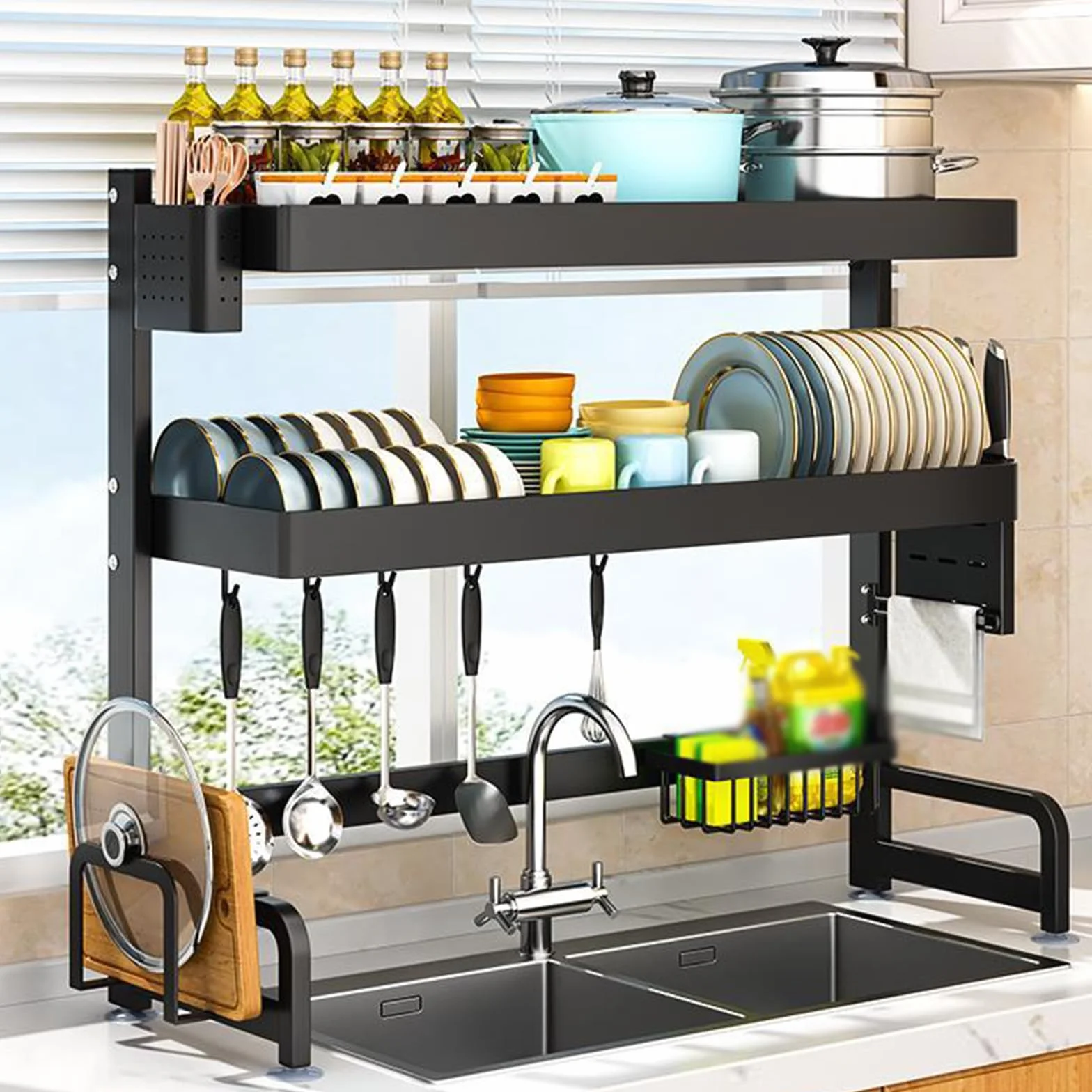 Escurridor de platos para fregadero de 2 niveles, ahorro de espacio, con soporte para cubiertos, accesorios de encimera de cocina para platos, vasos