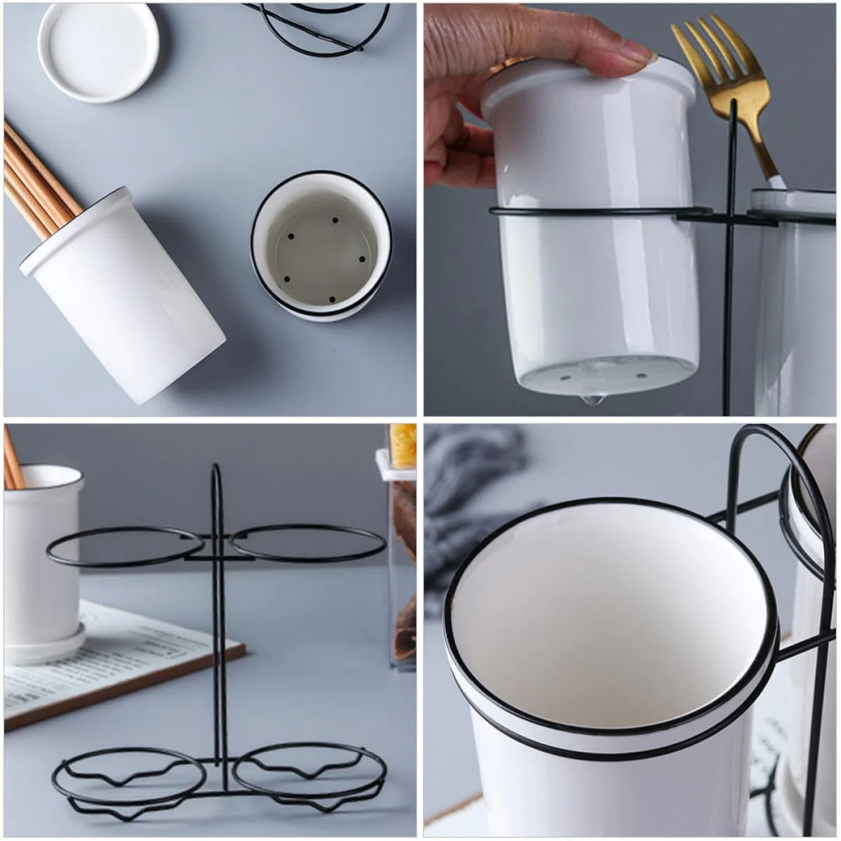 STOBAZA Soporte Función de Escurridor y Almacenamiento de Cerámica Blanco para Cubiertos y Palillos para Cocina Moderna
