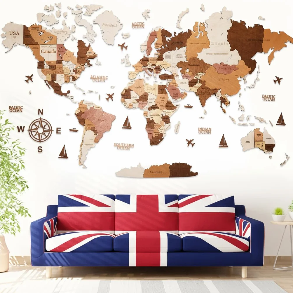 Mapamundi de Madera en Inglés - Decoración 3D sin Taladrar | Contrachapado de abedul multicapa, 324 pines con banderas, 120x62 cm, solo 1,6 kg, montaje adhesivo, cabe sobre el escritorio