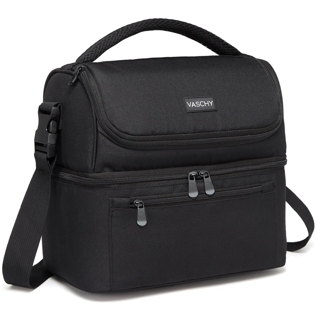 VASCHY Bolsa Térmica Porta Alimentos, Bolsa Comida Trabajo Bolsa Almuerzo Bolsa Isotermica Nevera Portatil con Dos Compartimentos y Correa Ajustable para Picnics, Playa, Camping, 13,4 L, Negro