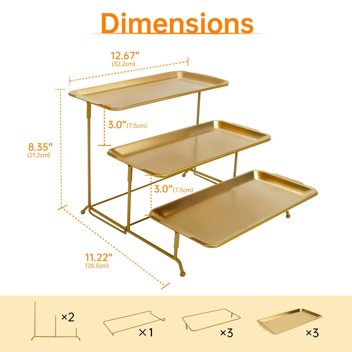 Bandejas 3 Pisos para Servir Comida, 32×16cm Bandejas Reutilizables con Soporte de exhibición de Metal Dorado para Alimentos, Tazón de Frutas en Bandeja para Verduras, Galletas, Postres