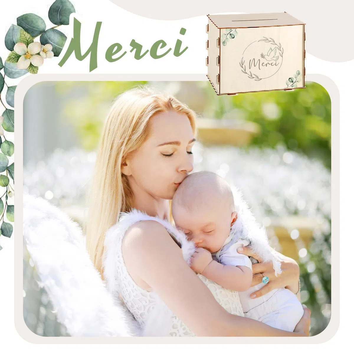 Namalu Urna de Cumpleaños Bautizo Caja deTarjetas Hucha de Madera Alcancía Decorativa para Bodas Decoración Festiva Caja de Regalo para Cartas Sobres y Dinero(Merci, Paloma, Eucalipto)
