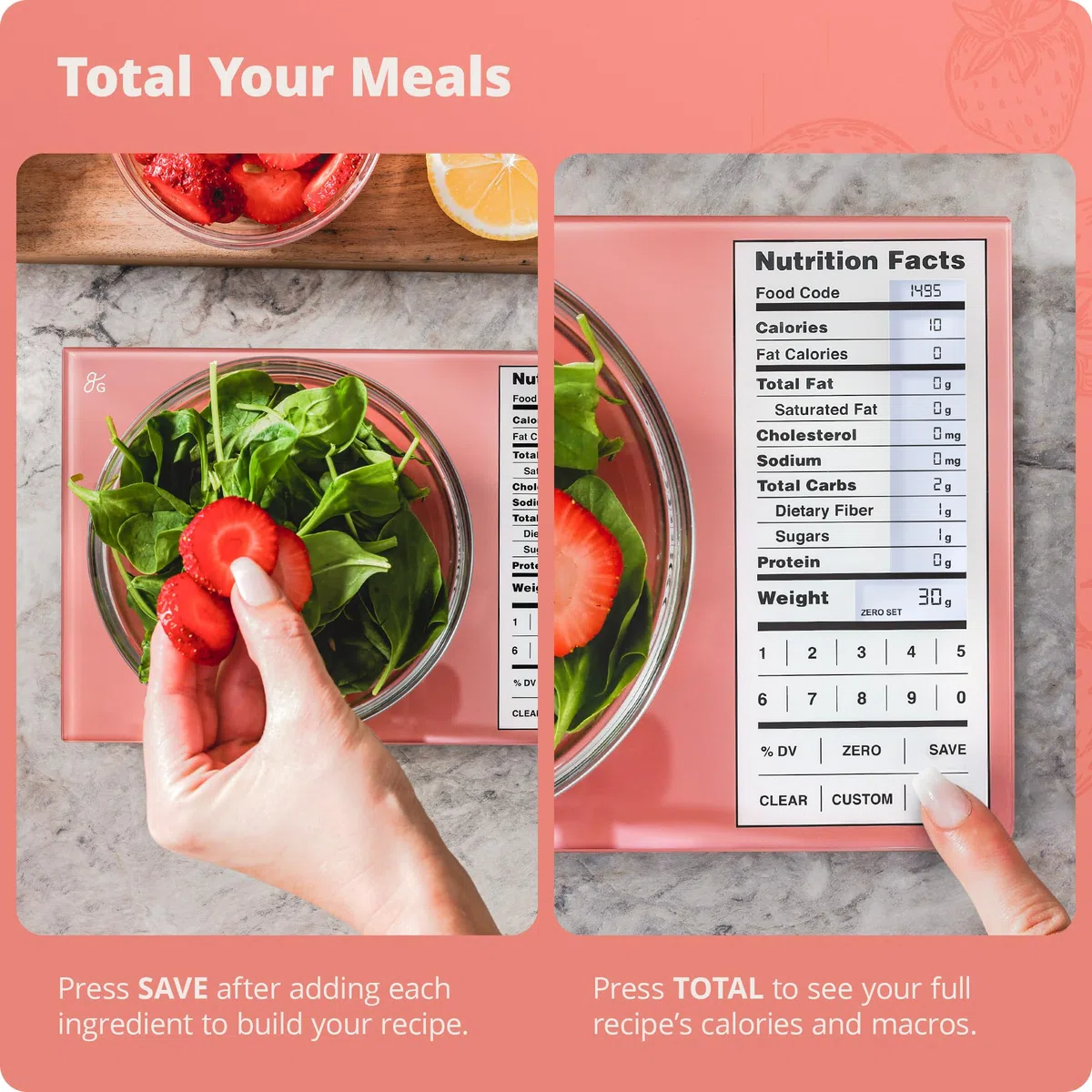 Greater Goods Báscula nutricional con vidrio de grado alimenticio, perfecta para contar calorías, preparación de comidas y pérdida de peso (rosa coral)