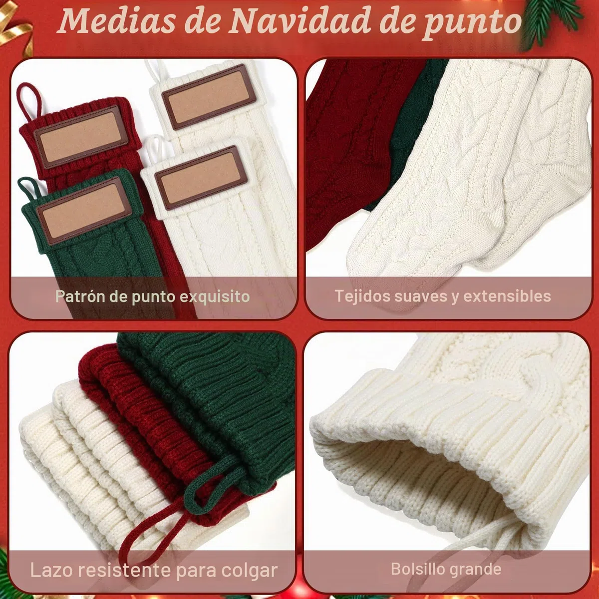 Weldomcor 4 Piezas Calcetines Navidad Personalizados con Nombre, 46 cm Medias de Navidad de Punto Navidad Chimenea Árbol de Navideña Calcetín de Decoración para Llenar y Colgar (Rojo, Blanco, Verde)