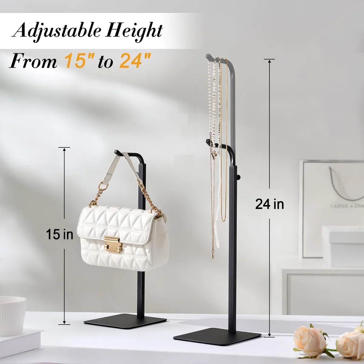 pickpiff Paquete de 3 soportes para bolsos de mano: estante negro para bolsos, bolsos y coronas, soporte de gancho ajustable para mesa, armario y uso minorista para vendedores