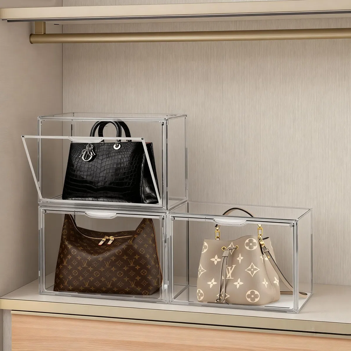 Organizadores transparentes de almacenamiento de bolsos para armario, 9 paquetes de plástico acrílico para bolsos, zapatos, juguetes, vitrina de exhibición de juguetes, bolsa apilable de lujo