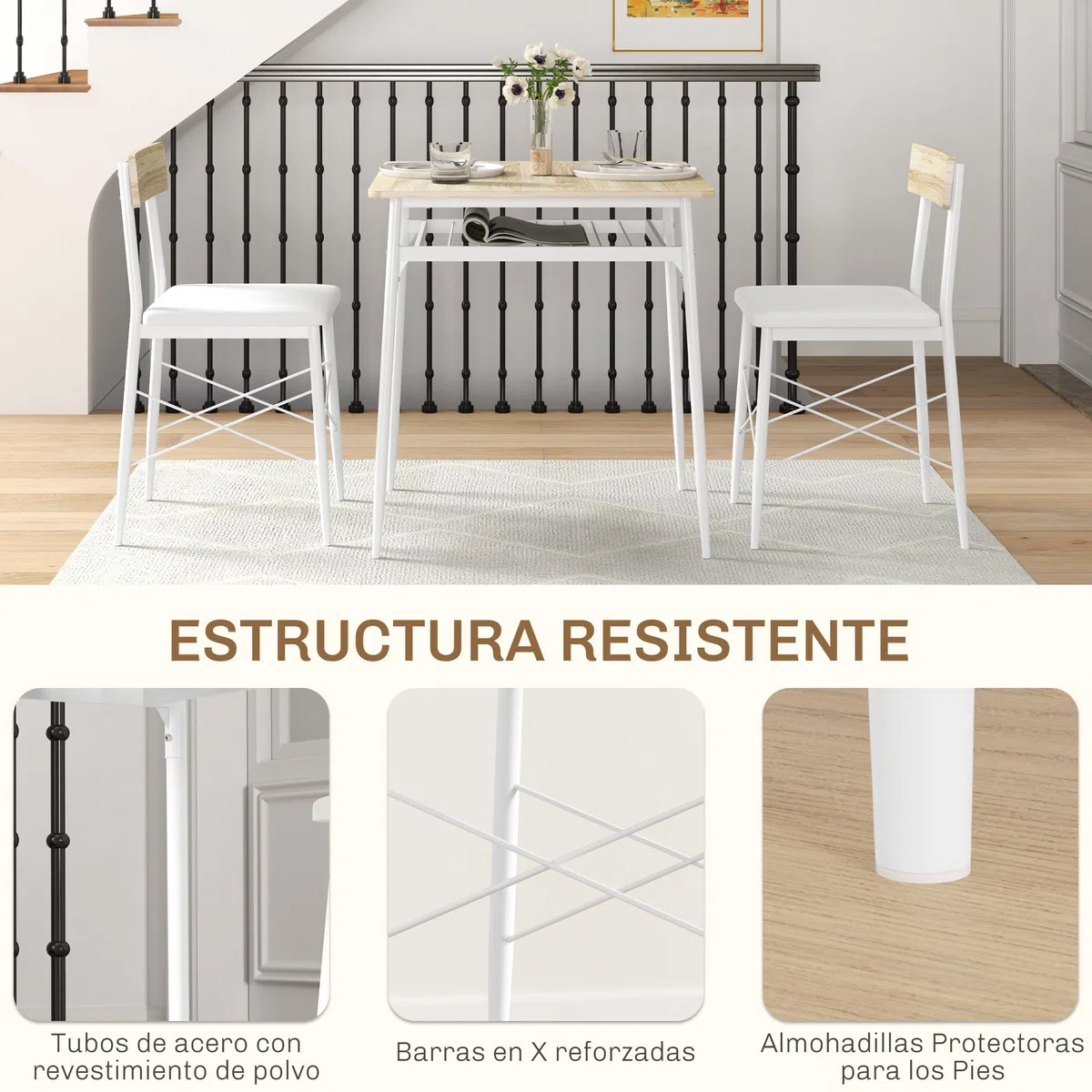 HOMCOM Conjunto de Mesa y Sillas de Comedor de 3 Piezas Mesa con Dos Sillas | sin Brazos, Estante Abierto, Estructura de Acero, Blanco y Roble