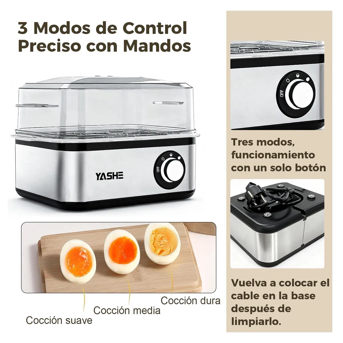 YASHE Cocedor de huevos, 8 huevos duros, para escalfar huevos, recipiente para tortillas y vaso medidor, Fabricado en acero inoxidable, Incluye función para escalfar huevos, libres de BPA