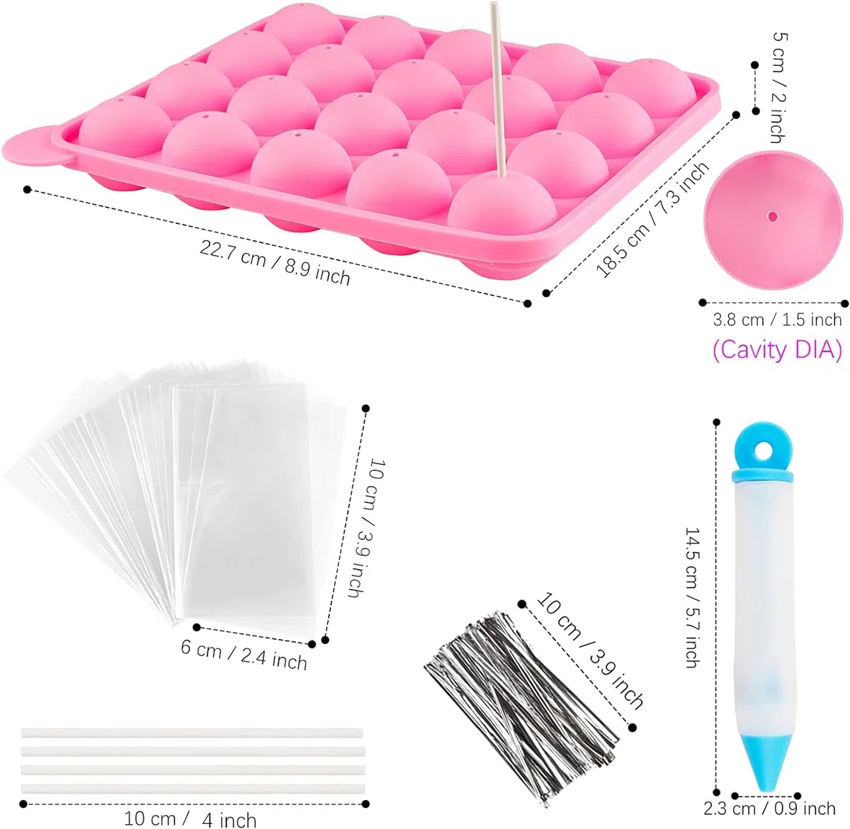 Juego de 262 moldes para tartas con 20 cavidades de silicona, palitos para cake pop, envoltorios para cake pop, sliver Twist Ties