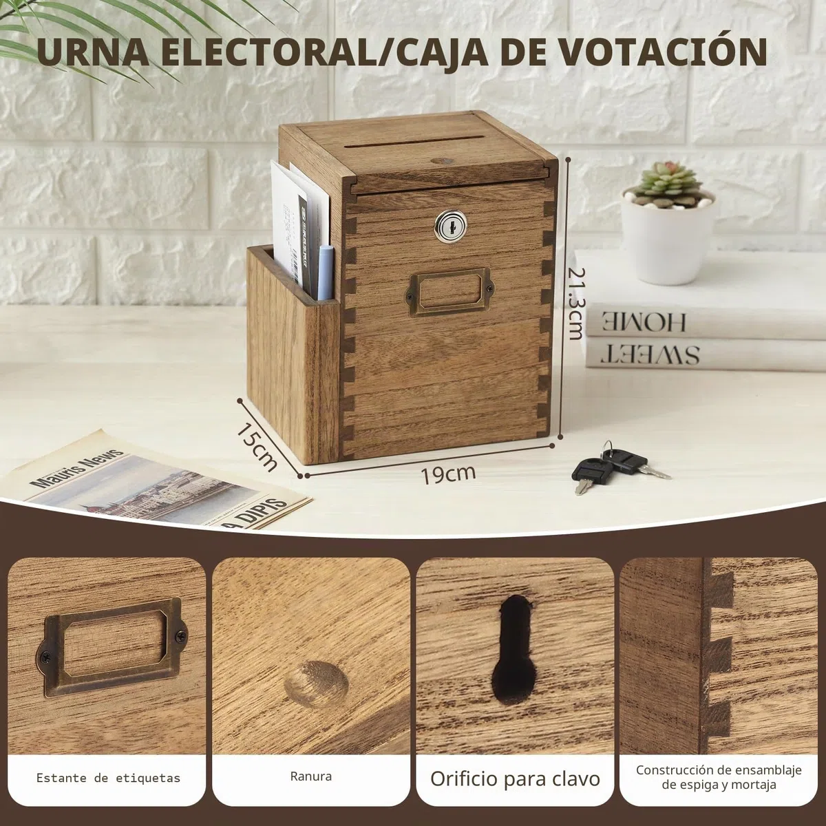 KIRIGEN Caja de presentación de Madera para donaciones y elección, para Montar en la Pared, Caja de colección de comentarios con Cerradura y 2 Llaves para Escuela, Oficina, Hospital marrón Oscuro