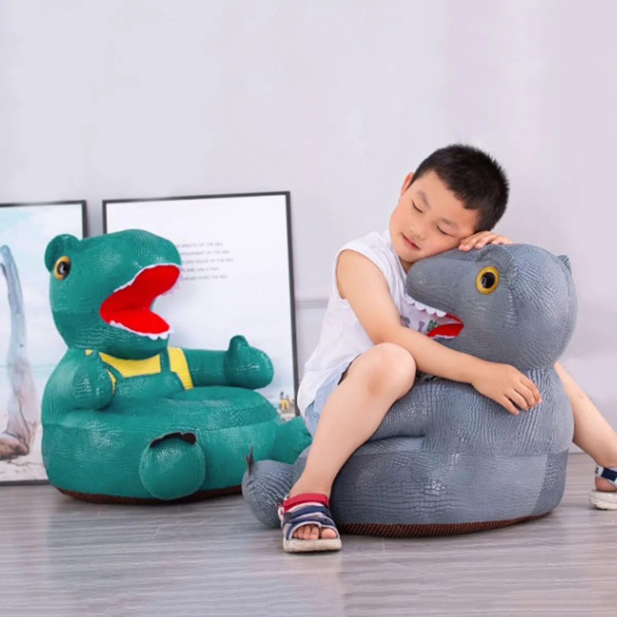 Funda para puf de dinosaurio (sin relleno), lavable a máquina, organizador de almacenamiento de animales de peluche, para niños y niñas, color verde