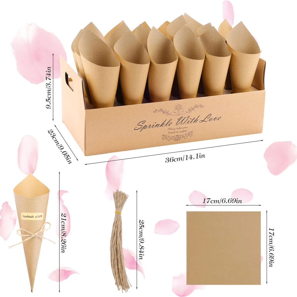 60 Piezas Cucuruchos de Papel Kraft para Bodas, Conos para el Arroz con 2 Caja Soporte para Decoración Fiesta Ceremonia y Contenedor de Pétalos y Confeti