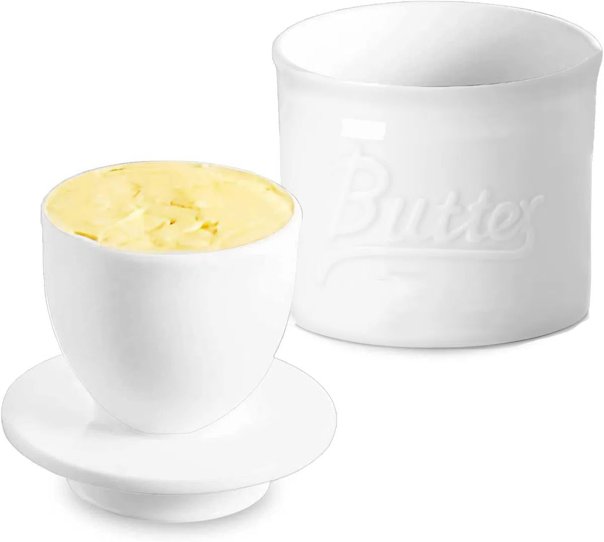 Mantequera de cerámica con tapa, recipiente para mantequilla francesa, refrigerado por agua, apto para lavavajillas, color blanco